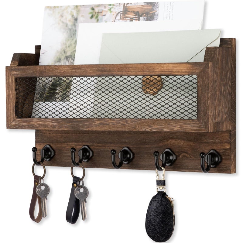 Nekon Mail and Key Holder for Wall Decorative 11 Inch Wooden Wall Key Organizer with 5 Key Hooks Wall Mount Storage Shelf for Entryway Hallway Brown
