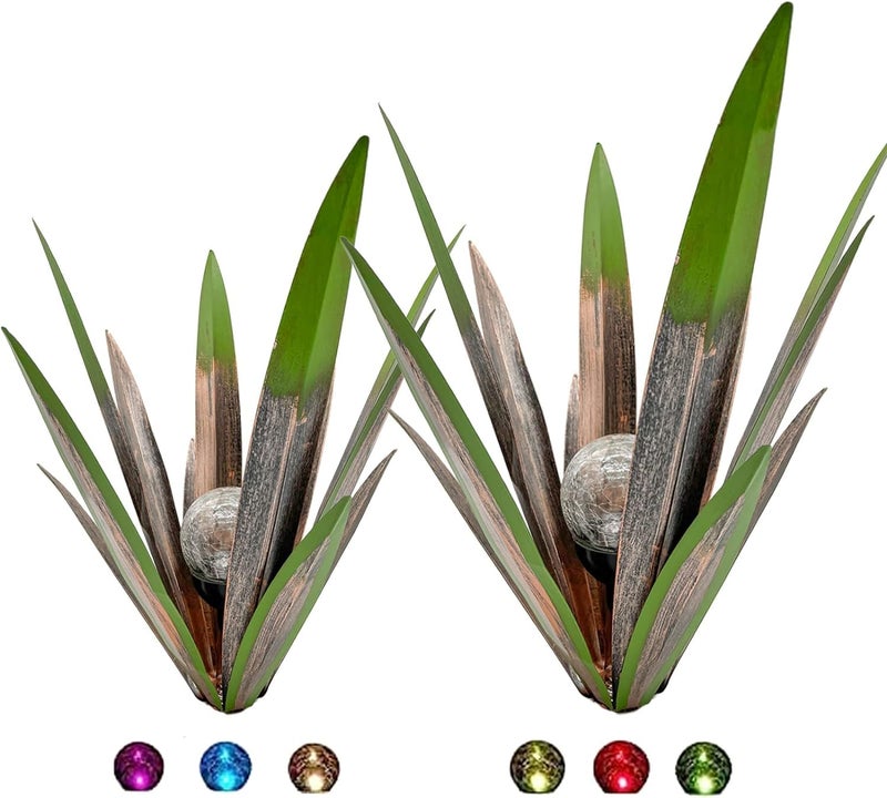 LCJECV Metal Agave Plant Garden Art, 2 Pack Big Tequila Rustic Sculpture, Rustic Metal Agave Plants Lawn Home Ornaments, for Yard Stakes, Garden Figurines, Outdoor Patio (2 PCS Green with Light) - Image 1