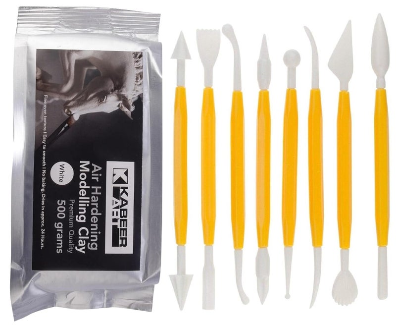 Kabeer Art Air Hardening White Modeling Clay (500g) with 8-Piece Double Ended Sculpting Tools – Ideal for Clay Craft, Pottery, Carving & DIY Art Projects, Clay for Kids & Artists - Image 1