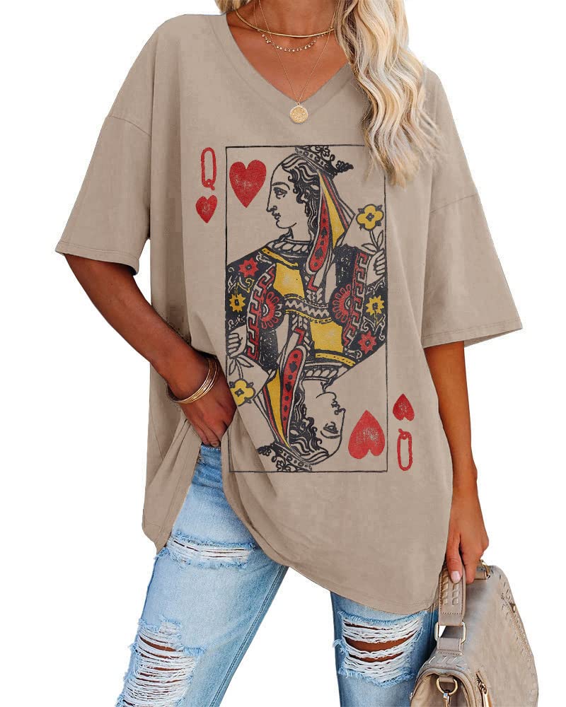 Fazortev Womens Oversized Queen Of Hearts Graphic T Shirts Casual V Neck Half Sleeve Summer Loose Tees Tunic Tops Khaki - Image 1
