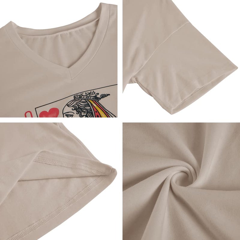 Fazortev Womens Oversized Queen Of Hearts Graphic T Shirts Casual V Neck Half Sleeve Summer Loose Tees Tunic Tops Khaki - Image 3