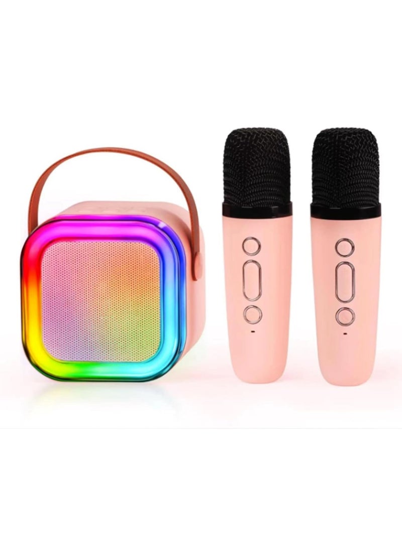 Karaoke Mini Portable Bluetooth Speaker for Kids, Adults 2 Bluetooth Wireless Microphones Colorful Lights Ideal (Pink, Dual Mic - Image 1