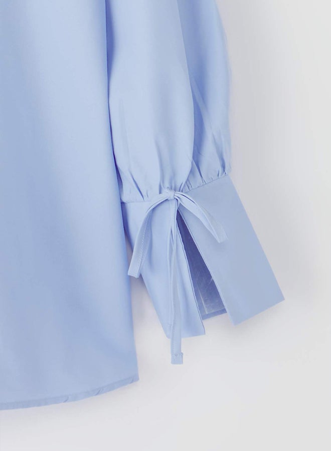 trendyol Blue Cotton Bebe Collar Lacing Cuff Detail Woven Shirt - Image 5