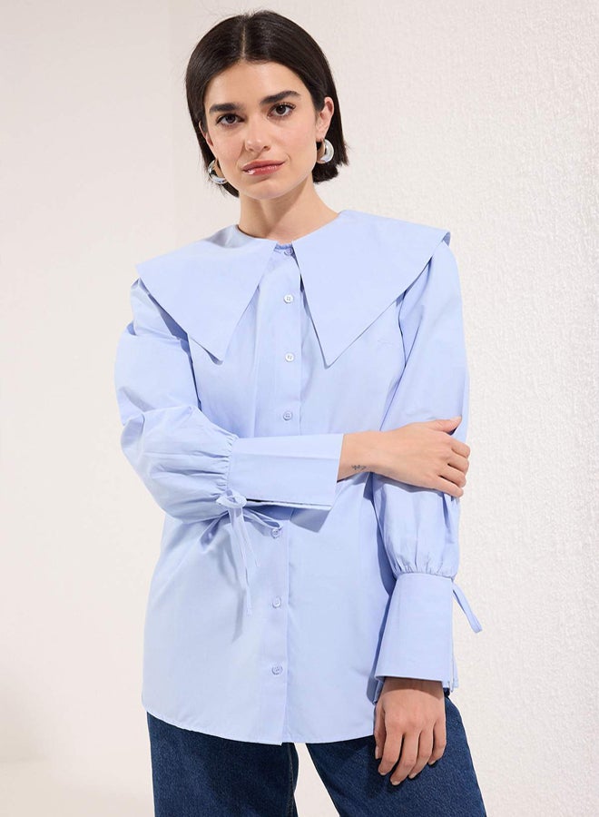 trendyol Blue Cotton Bebe Collar Lacing Cuff Detail Woven Shirt - Image 2