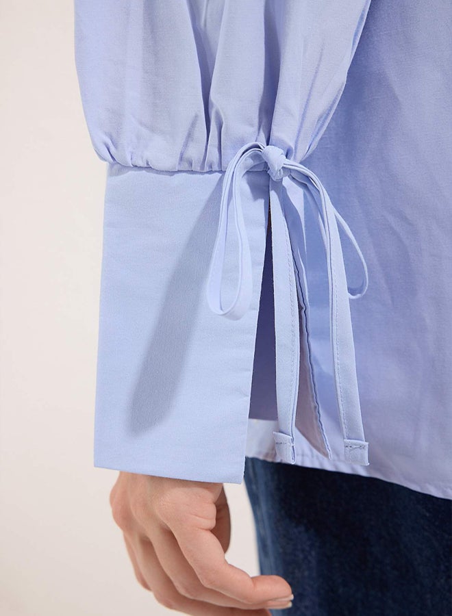 trendyol Blue Cotton Bebe Collar Lacing Cuff Detail Woven Shirt - Image 3
