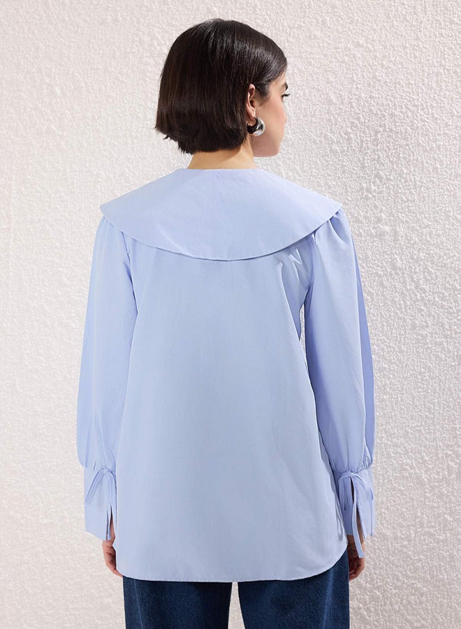 trendyol Blue Cotton Bebe Collar Lacing Cuff Detail Woven Shirt - Image 4