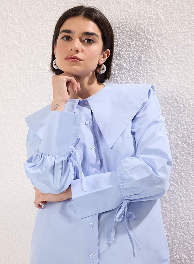 trendyol Blue Cotton Bebe Collar Lacing Cuff Detail Woven Shirt - Image 1