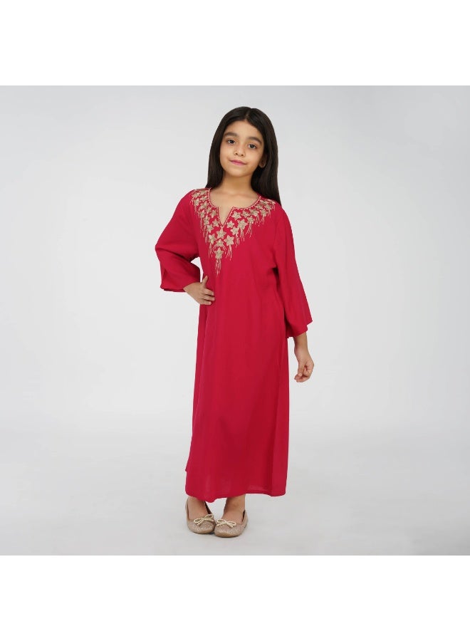Linelle Kids Jalabiya –  Maxi with Scalloped V-Neck and Thread Work Detailing - Image 4