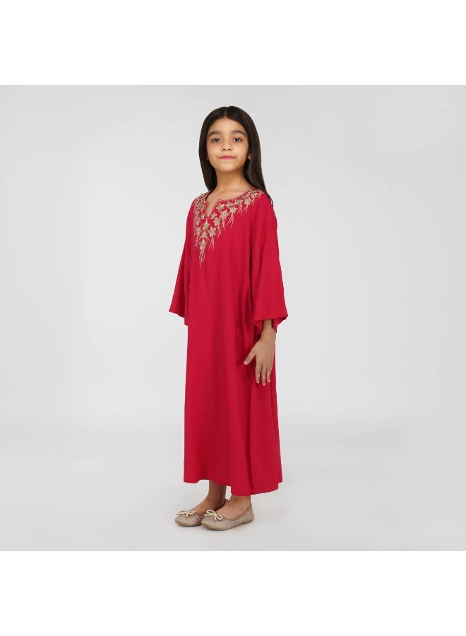 Linelle Kids Jalabiya –  Maxi with Scalloped V-Neck and Thread Work Detailing - Image 1