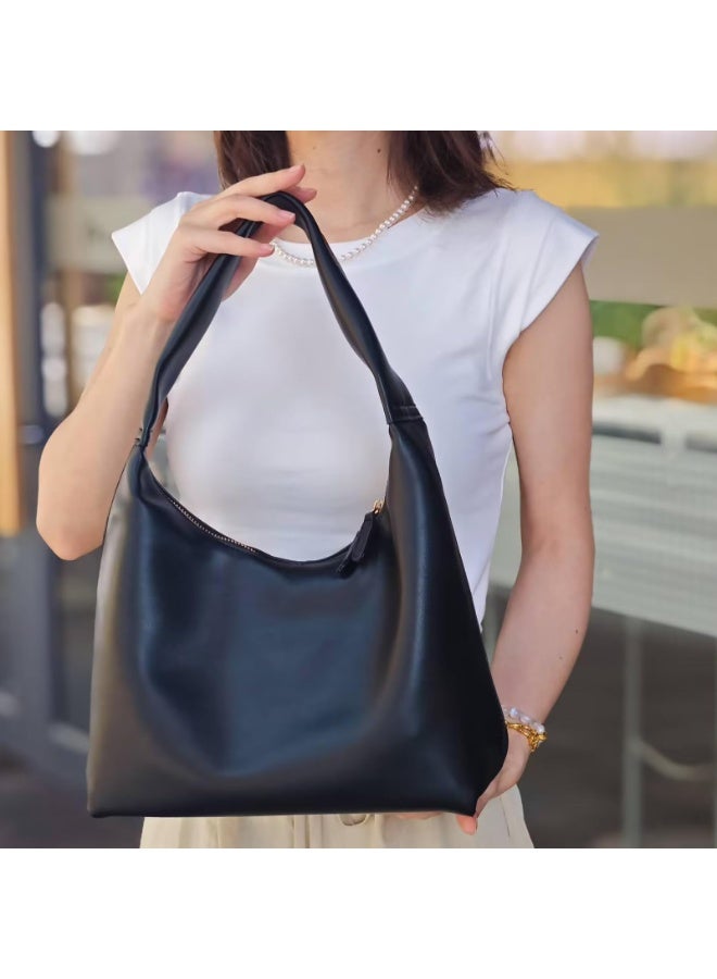 Women's Soft Faux Leather Hobo Shoulder Bag, Black, Double Zipper, 35x19x10 cm - Image 4