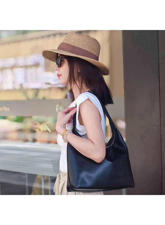Women's Soft Faux Leather Hobo Shoulder Bag, Black, Double Zipper, 35x19x10 cm - Image 3