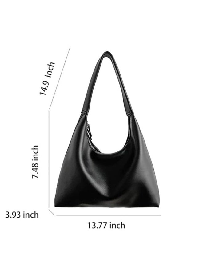 Women's Soft Faux Leather Hobo Shoulder Bag, Black, Double Zipper, 35x19x10 cm - Image 2