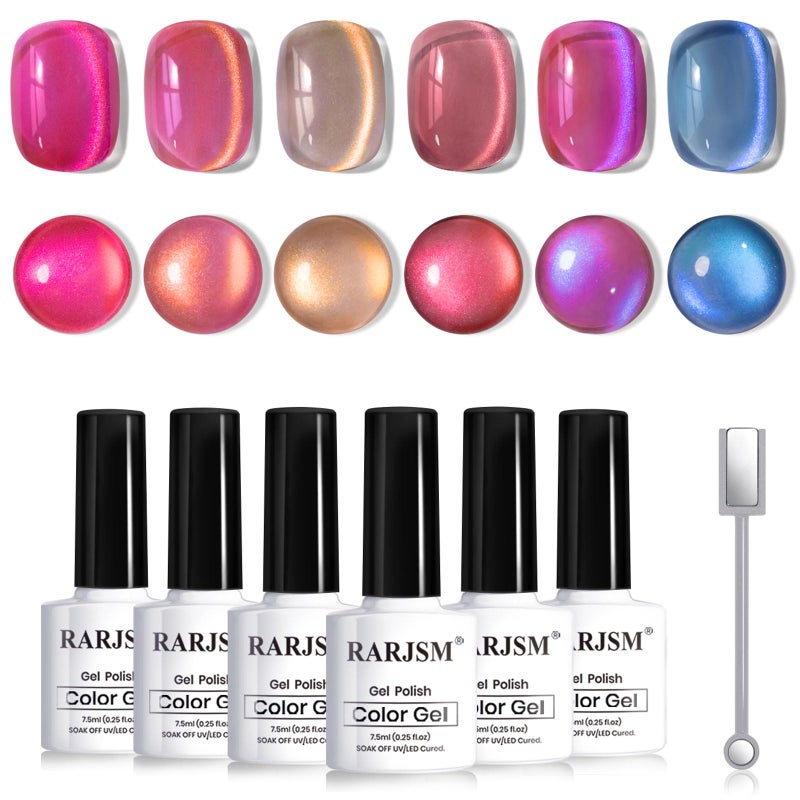 RARJSM Ceramics Glitter Cat Eye Gel Nail Polish Set 6Pcs Pink Light Purple Gold Brown Blue Velvet Shimmer Smoothie Cateye Gel Polish with Magnetic Stick UV LED Curing Require Home Salon Nail Design - Image 1