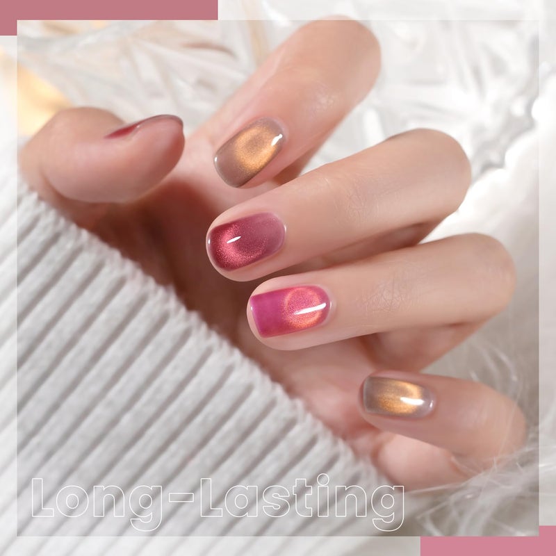 RARJSM Ceramics Glitter Cat Eye Gel Nail Polish Set 6Pcs Pink Light Purple Gold Brown Blue Velvet Shimmer Smoothie Cateye Gel Polish with Magnetic Stick UV LED Curing Require Home Salon Nail Design - Image 3