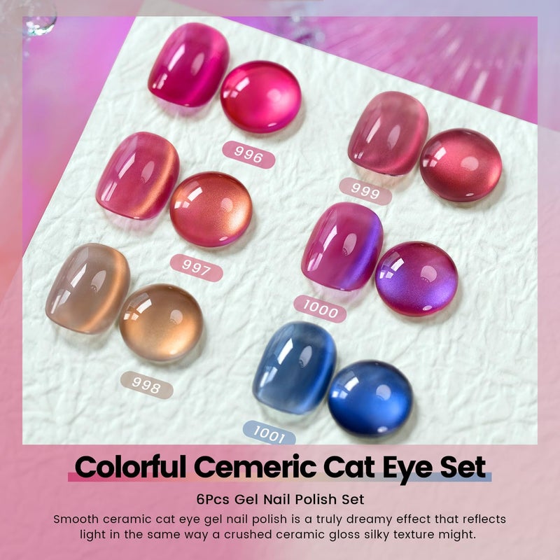 RARJSM Ceramics Glitter Cat Eye Gel Nail Polish Set 6Pcs Pink Light Purple Gold Brown Blue Velvet Shimmer Smoothie Cateye Gel Polish with Magnetic Stick UV LED Curing Require Home Salon Nail Design - Image 4