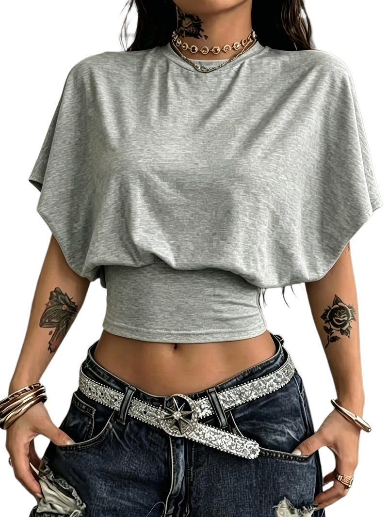 BK260403040 Women's Fashion Spring\u002FSummer , Stylish and Elegant, Solid Color No Print, Casual Versatile Waist - Cinching T - Shirt, Essential Basic Style—Suitable for Daily... - Image 1