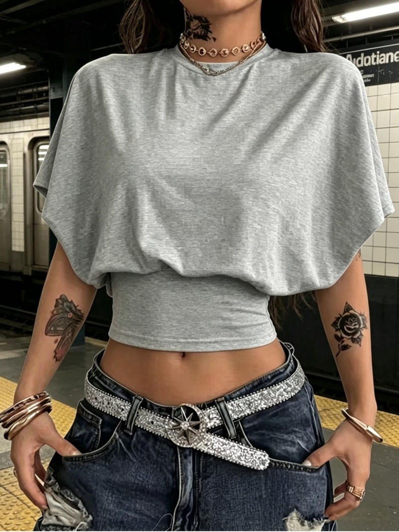 BK260403040 Women's Fashion Spring\u002FSummer , Stylish and Elegant, Solid Color No Print, Casual Versatile Waist - Cinching T - Shirt, Essential Basic Style—Suitable for Daily... - Image 5
