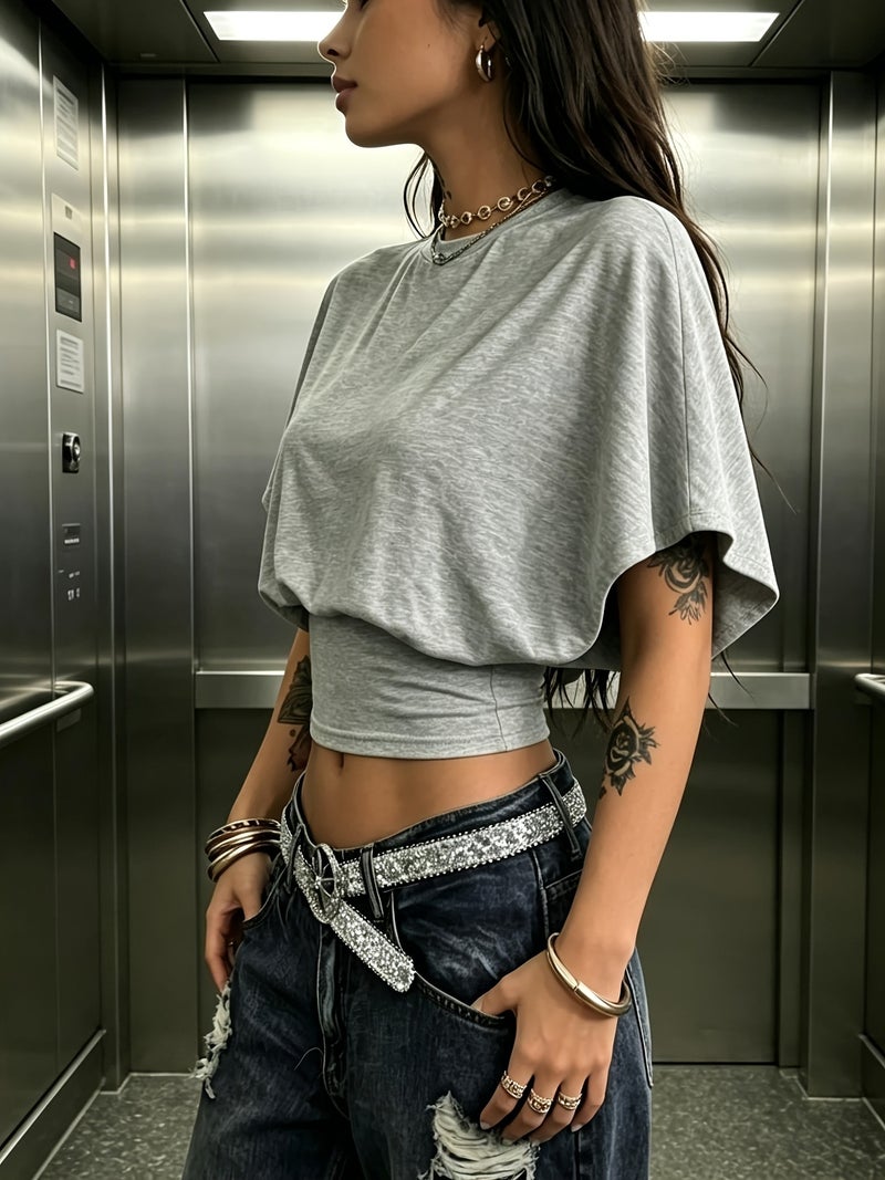 BK260403040 Women's Fashion Spring\u002FSummer , Stylish and Elegant, Solid Color No Print, Casual Versatile Waist - Cinching T - Shirt, Essential Basic Style—Suitable for Daily... - Image 3
