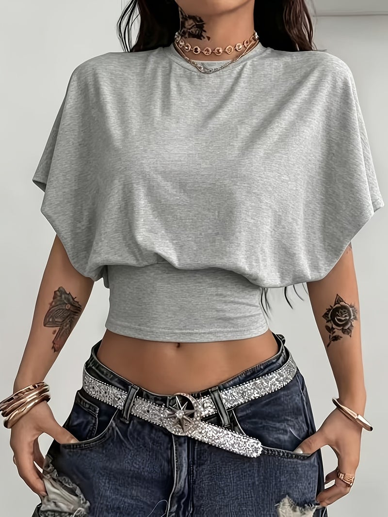 BK260403040 Women's Fashion Spring\u002FSummer , Stylish and Elegant, Solid Color No Print, Casual Versatile Waist - Cinching T - Shirt, Essential Basic Style—Suitable for Daily... - Image 2