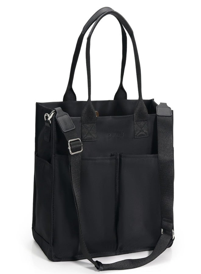 Chinllo Tote Bags for Women, Compartments Nylon Large Tote Handbags, Black, Large - Image 1