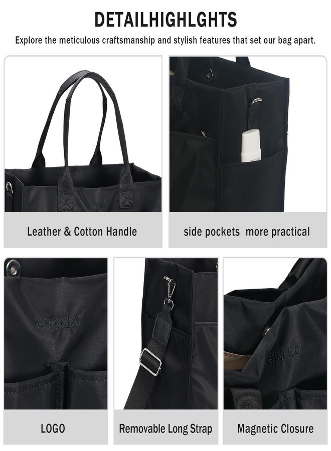 Chinllo Tote Bags for Women, Compartments Nylon Large Tote Handbags, Black, Large - Image 3