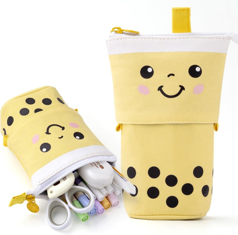 ANGOOBABY Cute Pencil Case Standing Pen Holder Telescopic Makeup Pouch Pop Up Cosmetics Bag with Kawaii Smile Face Stationery case Office Organizer Box for Girls Students Women Adult (Yellow) - Image 1