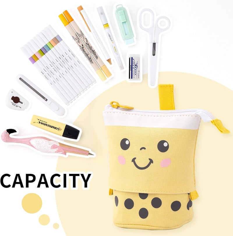 ANGOOBABY Cute Pencil Case Standing Pen Holder Telescopic Makeup Pouch Pop Up Cosmetics Bag with Kawaii Smile Face Stationery case Office Organizer Box for Girls Students Women Adult (Yellow) - Image 2