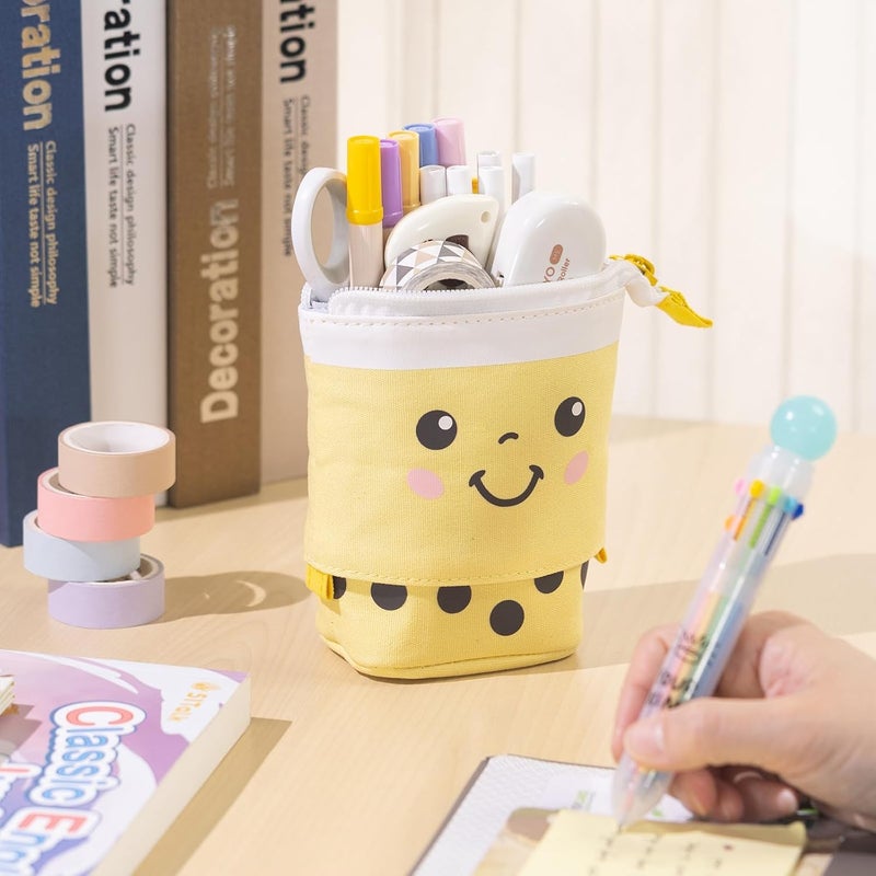 ANGOOBABY Cute Pencil Case Standing Pen Holder Telescopic Makeup Pouch Pop Up Cosmetics Bag with Kawaii Smile Face Stationery case Office Organizer Box for Girls Students Women Adult (Yellow) - Image 5
