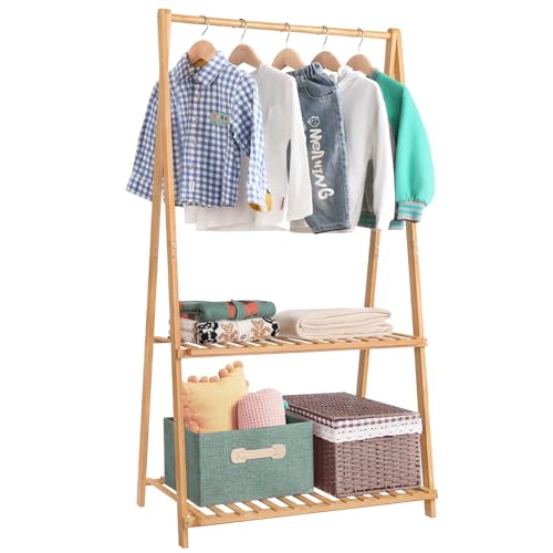 Jotsport Small Clothes Rack Kids Dress Up Storage for Playroom Toddlers Bedroom Bamboo Child Garment Rack with 2 Tier Storage Shelf Kids Clothing Rack Costumes Organizer