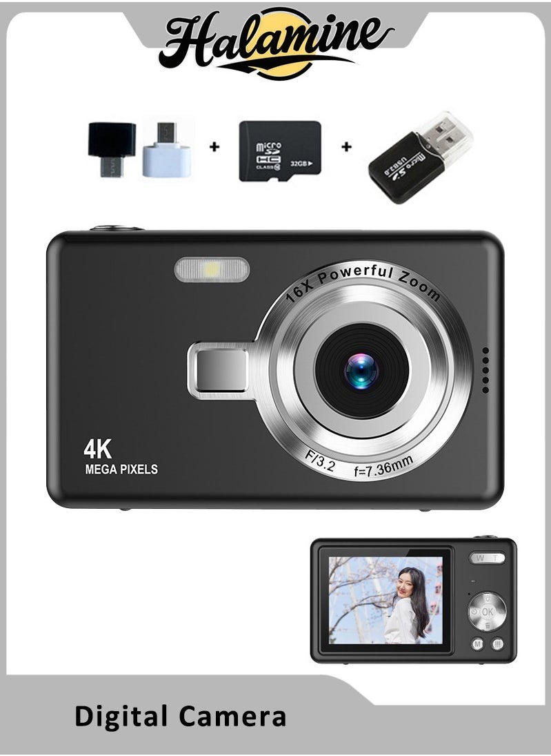 Halamine Digital Camera, FHD 4K Kids Camera 44MP Point and Shoot Digital Cameras with 32GB SD Card,Black  - Image 1