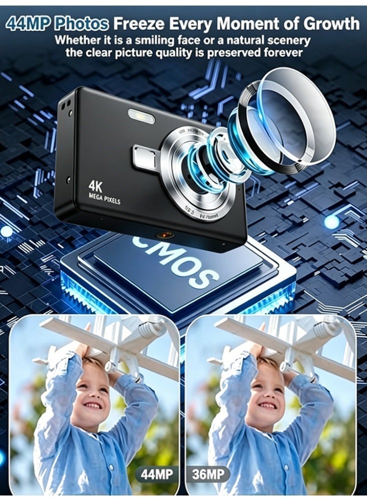 Camera For Kids，FHD 4K Kids Camera 44MP Point and Shoot Digital Cameras with 32GB SD Card,Black - Image 3