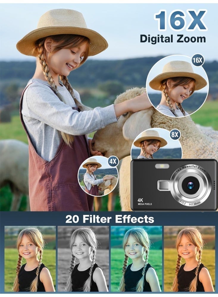 Camera For Kids，FHD 4K Kids Camera 48MP Point and Shoot Digital Cameras with 32GB SD Card,Black - Image 3