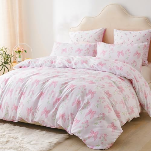 CCoutueChen Duvet Cover Queen 3Pcs Pink Floral Bow Bedding Set for Girls Kids, Romantic Princess Style Bowknot Bedding, Ultra Soft Reversible Garden Flower Duvet Cover Set(2 Pillowcases,No Comforter) - Image 1