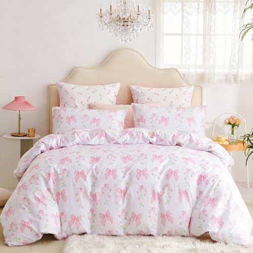 CCoutueChen Duvet Cover Queen 3Pcs Pink Floral Bow Bedding Set for Girls Kids, Romantic Princess Style Bowknot Bedding, Ultra Soft Reversible Garden Flower Duvet Cover Set(2 Pillowcases,No Comforter) - Image 2
