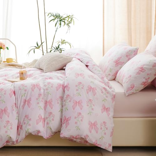 CCoutueChen Duvet Cover Queen 3Pcs Pink Floral Bow Bedding Set for Girls Kids, Romantic Princess Style Bowknot Bedding, Ultra Soft Reversible Garden Flower Duvet Cover Set(2 Pillowcases,No Comforter) - Image 3