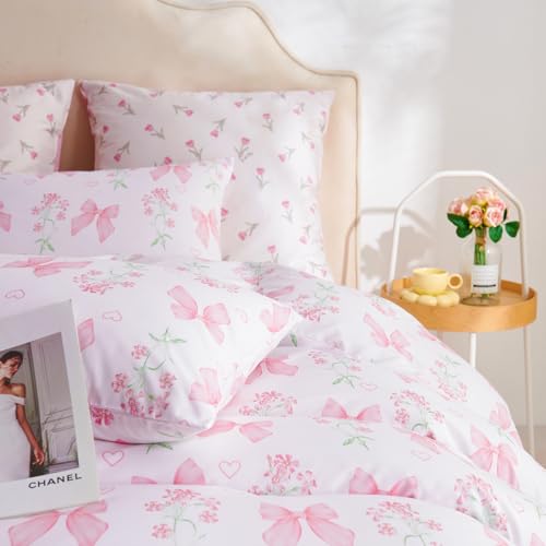 CCoutueChen Duvet Cover Queen 3Pcs Pink Floral Bow Bedding Set for Girls Kids, Romantic Princess Style Bowknot Bedding, Ultra Soft Reversible Garden Flower Duvet Cover Set(2 Pillowcases,No Comforter) - Image 5