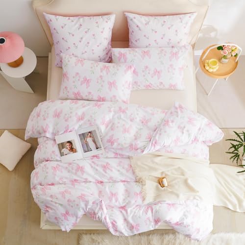CCoutueChen Duvet Cover Queen 3Pcs Pink Floral Bow Bedding Set for Girls Kids, Romantic Princess Style Bowknot Bedding, Ultra Soft Reversible Garden Flower Duvet Cover Set(2 Pillowcases,No Comforter) - Image 4