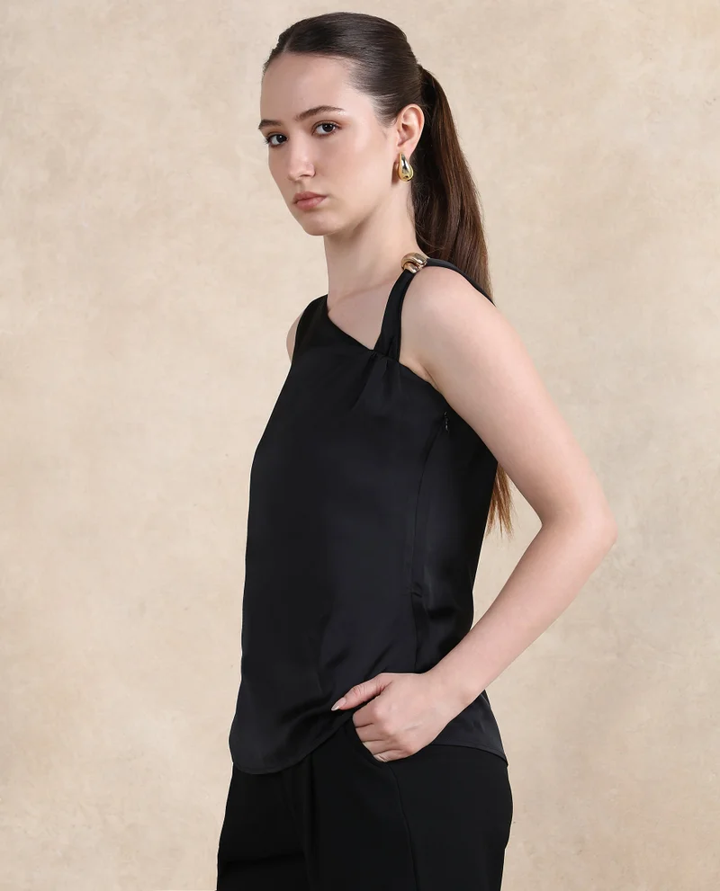 Rareism Rareism Women Vaxter Black Sleeveless Asymmetric Neck Zipper Closure Plain Top