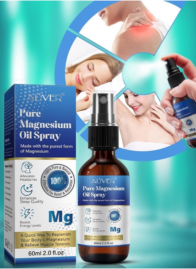 ALIVER - 60ml Pure Magnesium Oil Spray,100% Pure & Natural,Gluten Free,Magical Topical Magnesium Body Spray,Magnesium Spray for Sleep and Anxiety,Non-GMO Magnesium Spray for Feet and Body - Image 1