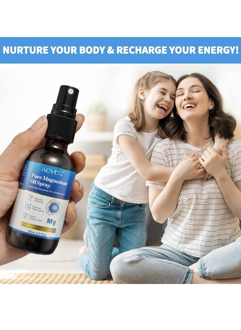 ALIVER - 60ml Pure Magnesium Oil Spray,100% Pure & Natural,Gluten Free,Magical Topical Magnesium Body Spray,Magnesium Spray for Sleep and Anxiety,Non-GMO Magnesium Spray for Feet and Body - Image 1
