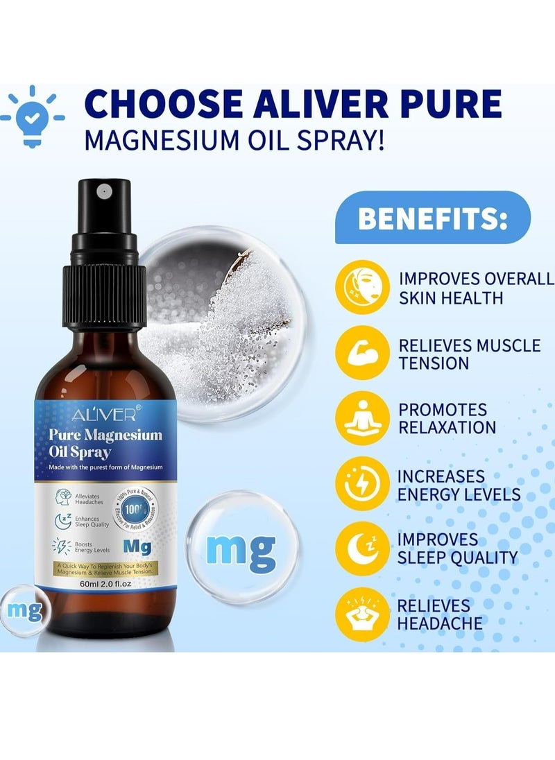ALIVER - 60ml Pure Magnesium Oil Spray,100% Pure & Natural,Gluten Free,Magical Topical Magnesium Body Spray,Magnesium Spray for Sleep and Anxiety,Non-GMO Magnesium Spray for Feet and Body - Image 1