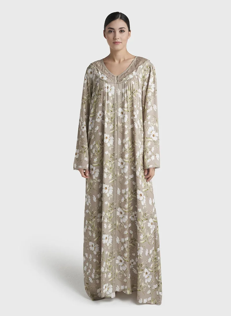 Kashkha Dusty Green Print Rayon Long Nightwear Dress (CNH499)