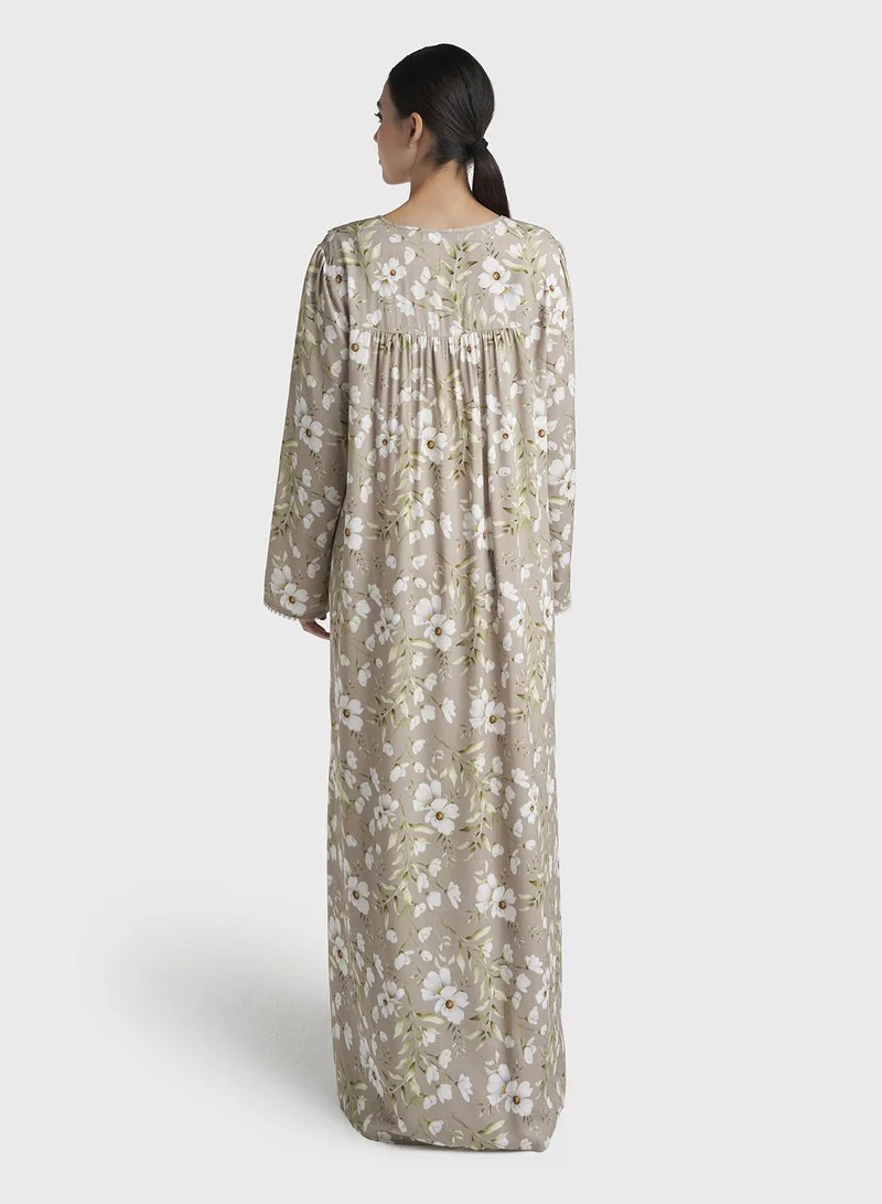 Kashkha  Dusty Green Print Rayon Long Nightwear Dress (CNH499) for Women | Best Price UAE