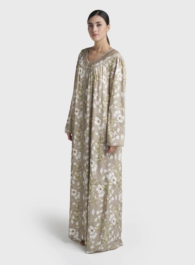 Kashkha  Dusty Green Print Rayon Long Nightwear Dress (CNH499) for Women | Best Price UAE