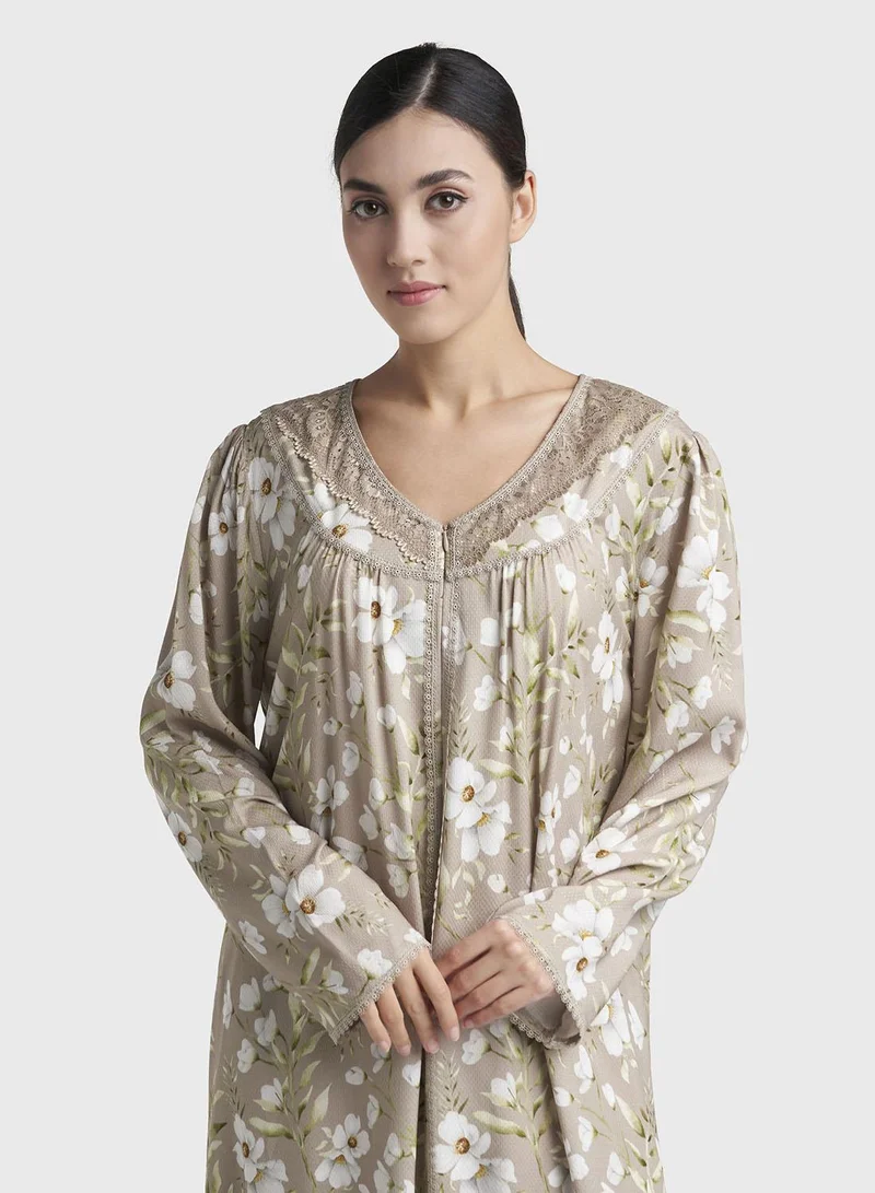Kashkha Dusty Green Print Rayon Long Nightwear Dress (CNH499)
