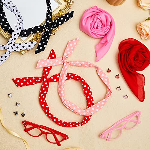 Toulite 20 Pcs 50s Women Costume Accessories Set Includes Cat Eye Glasses Chiffon Scarf Polka Dot Bandana Tie Headband Dot Earrings Gloves for Halloween Party - Image 3