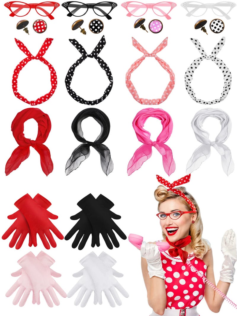 Toulite 20 Pcs 50s Women Costume Accessories Set Includes Cat Eye Glasses Chiffon Scarf Polka Dot Bandana Tie Headband Dot Earrings Gloves for Halloween Party - Image 1