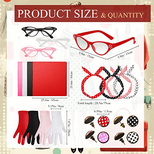 Toulite 20 Pcs 50s Women Costume Accessories Set Includes Cat Eye Glasses Chiffon Scarf Polka Dot Bandana Tie Headband Dot Earrings Gloves for Halloween Party - Image 2