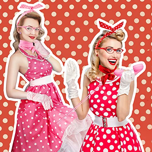 Toulite 20 Pcs 50s Women Costume Accessories Set Includes Cat Eye Glasses Chiffon Scarf Polka Dot Bandana Tie Headband Dot Earrings Gloves for Halloween Party - Image 4