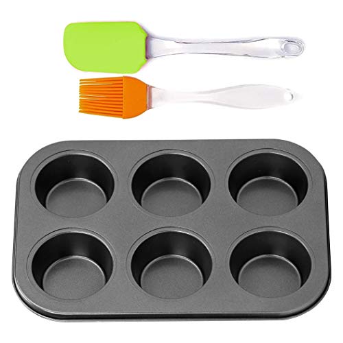 AXIOM Muffin Mould & Silicon Spatula with Brush. Non-Stick Carbon Steel Cup Cake Tray 6 Cups, & Silicon Brush with Spatula. Set of 3 bakeware - Image 1